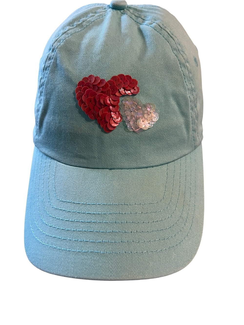 Y2K Aeropostale Blue Cap with Red & Iridescent Sequin Hearts 100% Cotton